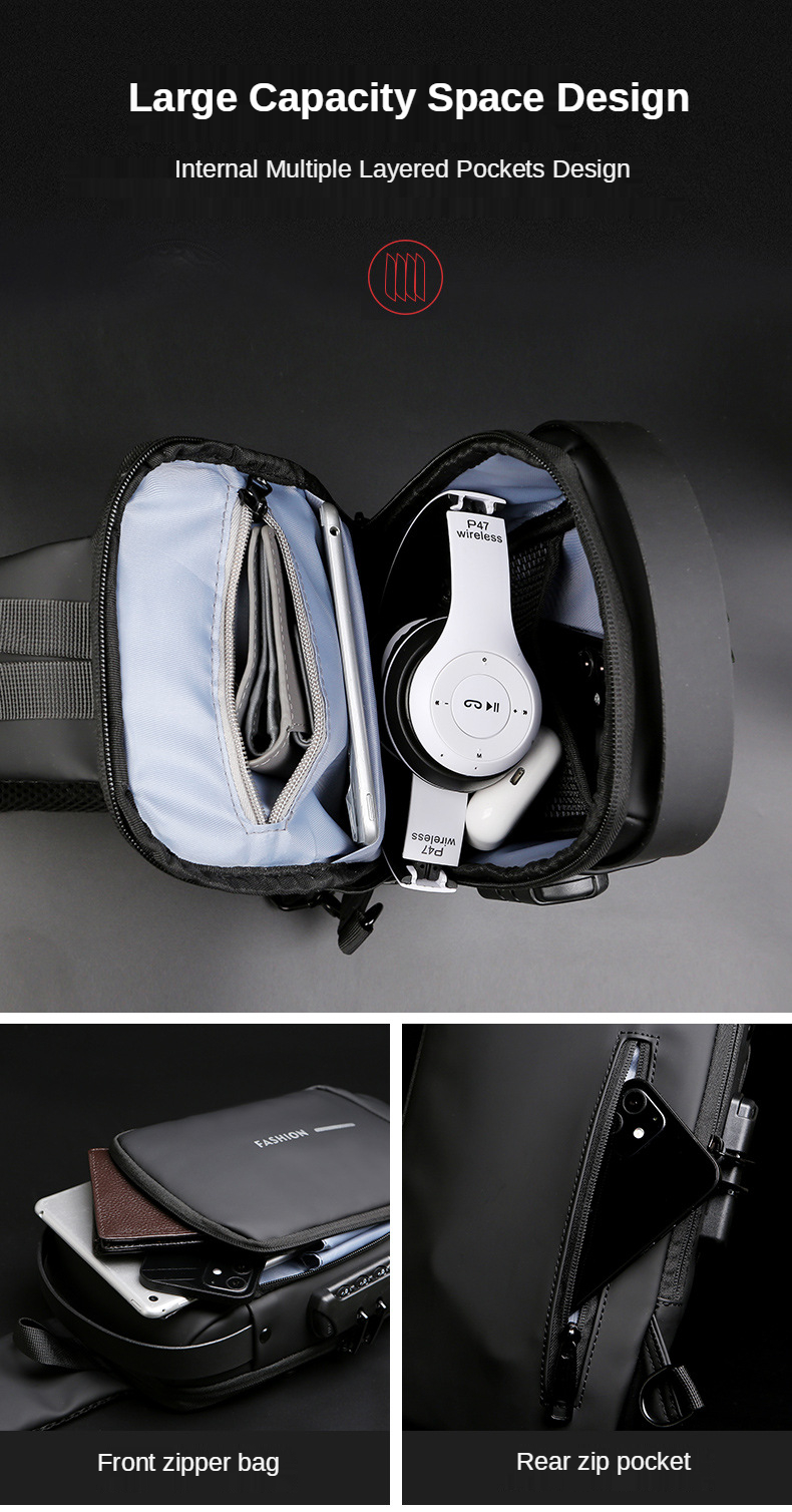 Picture of Multifunction Patent Leather Chest Bag Men Waterproof Men Crossbody Bag Anti-theft Travel Bag Male USB Charging Chest Bag Pack