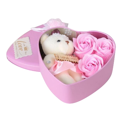 Picture of Valentine Day Love Gift -Heart Shape Gift Box (Flowers With Soft Teddy) - 11cm*11.8cm