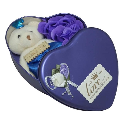 Picture of Valentine Day Love Gift -Heart Shape Gift Box (Flowers With Soft Teddy) - 11cm*11.8cm