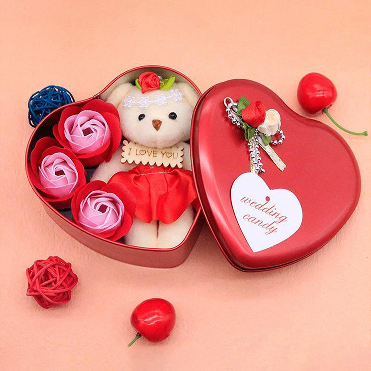 Picture of Valentine Day Love Gift -Heart Shape Gift Box (Flowers With Soft Teddy) - 11cm*11.8cm