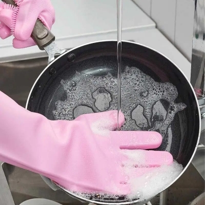 Picture of High Quality Silicone Dish Washing Kitchen Hand Gloves - Multicolor