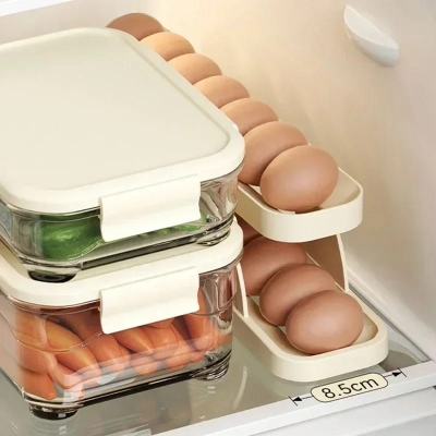 Picture of Double-Layer Egg Dispenser Automatic Roll-Down Egg Storage Rack Slide Egg Carton Refrigerator Egg Basket Kitchen Countertop Egg Holder Dshop