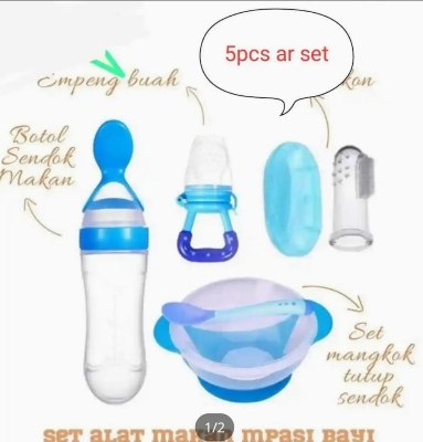 Picture of (5pc er set)Baby Silicone Spoon + plastic Feeder Pacifier, Finger Brush, Fruits Chusni,Baby Bowl+Spon