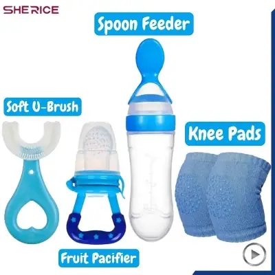 Picture of 4-in-1 Baby Combo Set- Fruit Feeder Pacifier, Knee Pads,Silicone Spoon Feeding Bottle, U-Style Toothbrush