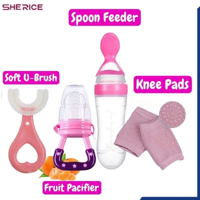 Picture of 4-in-1 Baby Combo Set- Fruit Feeder Pacifier, Knee Pads,Silicone Spoon Feeding Bottle, U-Style Toothbrush