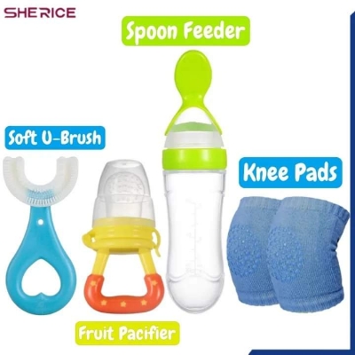 Picture of 4-in-1 Baby Combo Set- Fruit Feeder Pacifier, Knee Pads,Silicone Spoon Feeding Bottle, U-Style Toothbrush