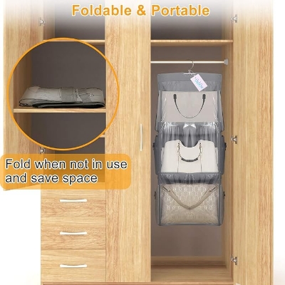 Picture of 6 Pocket Foldable Hanging Bag 3 Layers Folding Shelf Bag Purse Handbag Organizer With free Hanger