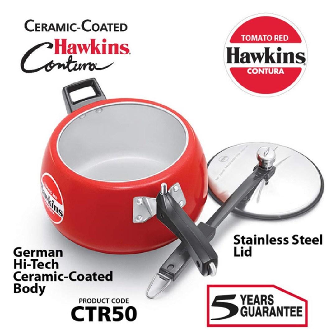 Picture of Hawkins  Contura Pressure Cooker, Ceramic Coated Handi Inner Lid Cooker, Tomato Red-5 ltr 