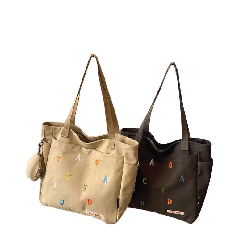 Picture of TAG Lifestyle Exclusive Design embroidery Canvas Tote Bag, Fashionable Top Handle Ash Color With 4 Outside Pockets Trendy Fashionable Tote Bag for University, College Students Girls And Women