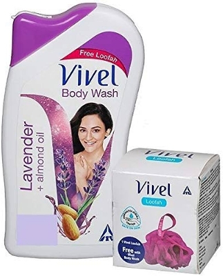 Picture of Indian product Body wash vivel Lavender + almond oil Shower gel Used for male/female - 200 ml + Free Loofah
