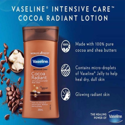Picture of International European country Product Skin care Vaseline Cocoa Radiant body lotion used for male/female - 200 ml