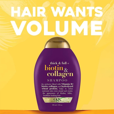 Picture of International Germany product Hair care Ogx thick & Full +Biotin & Collagen shampoo used for male/ female - 385 ml