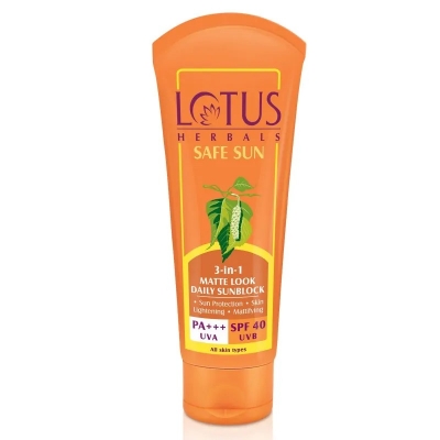 Picture of Indian product skin care Lotus 3 in 1 matte look daily sunscreen used for male female - 100 gm