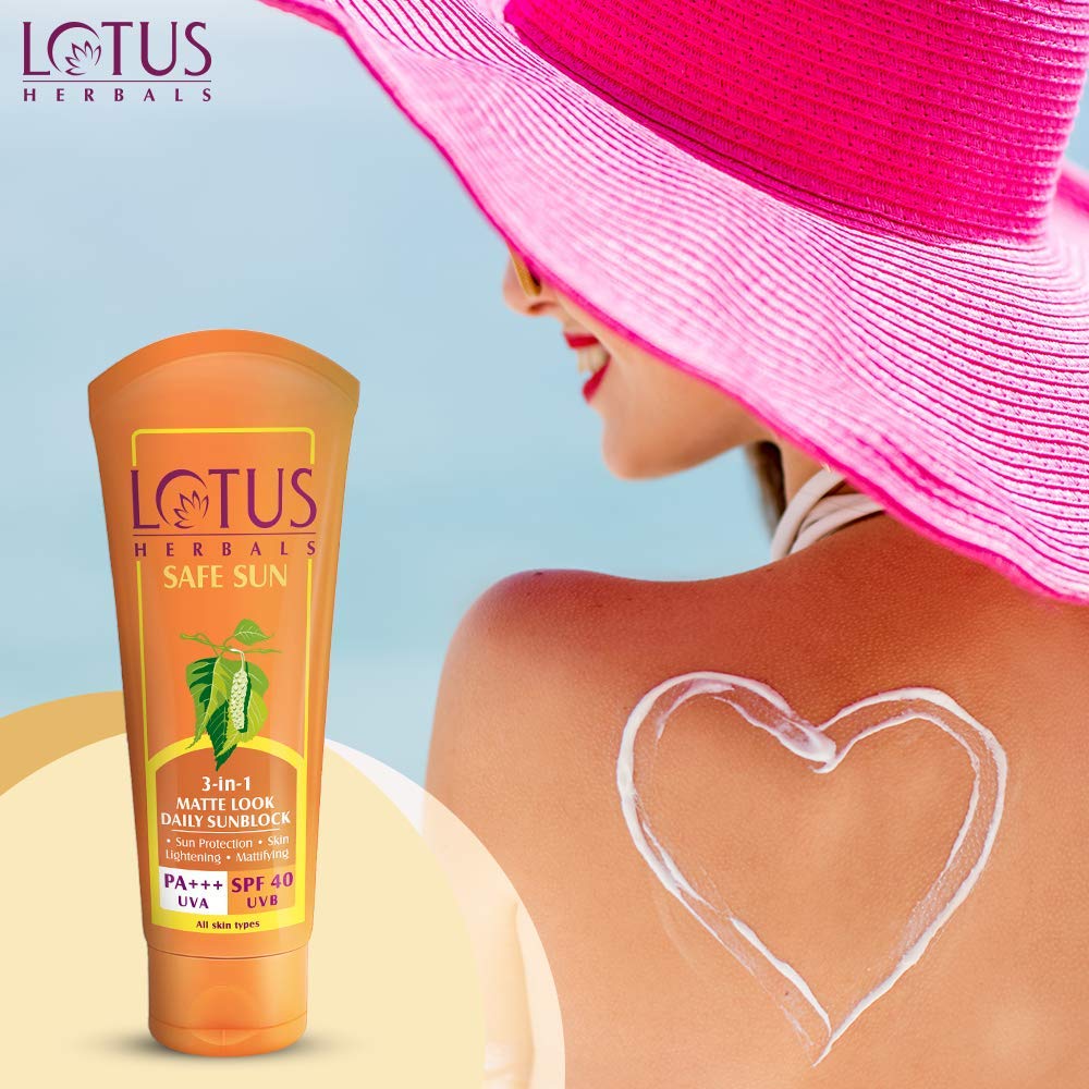 Picture of Indian product skin care Lotus 3 in 1 matte look daily sunscreen used for male female - 100 gm