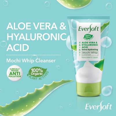 Picture of International Malaysian product Eversoft Aloe vera & Hyaluronic Mochi Whip cleanser used for male female - 120 gm