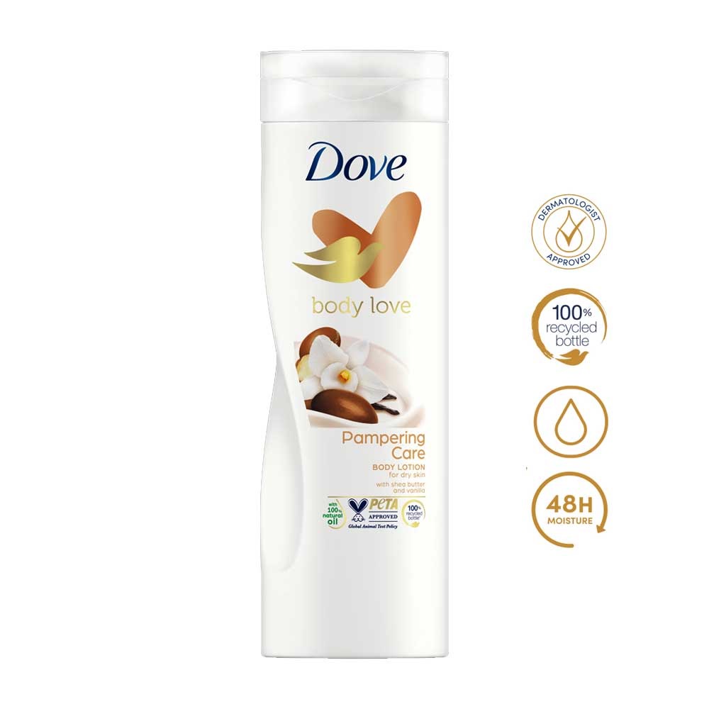 Picture of 400 ml Dove body love Pampering care Body Lotion International UK product used for male/ female
