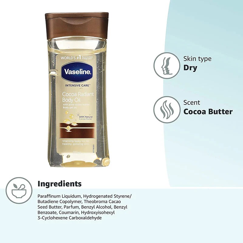Picture of 200 ml Vaseline intensive care cocoa radiant body oil International UAE product used for male female