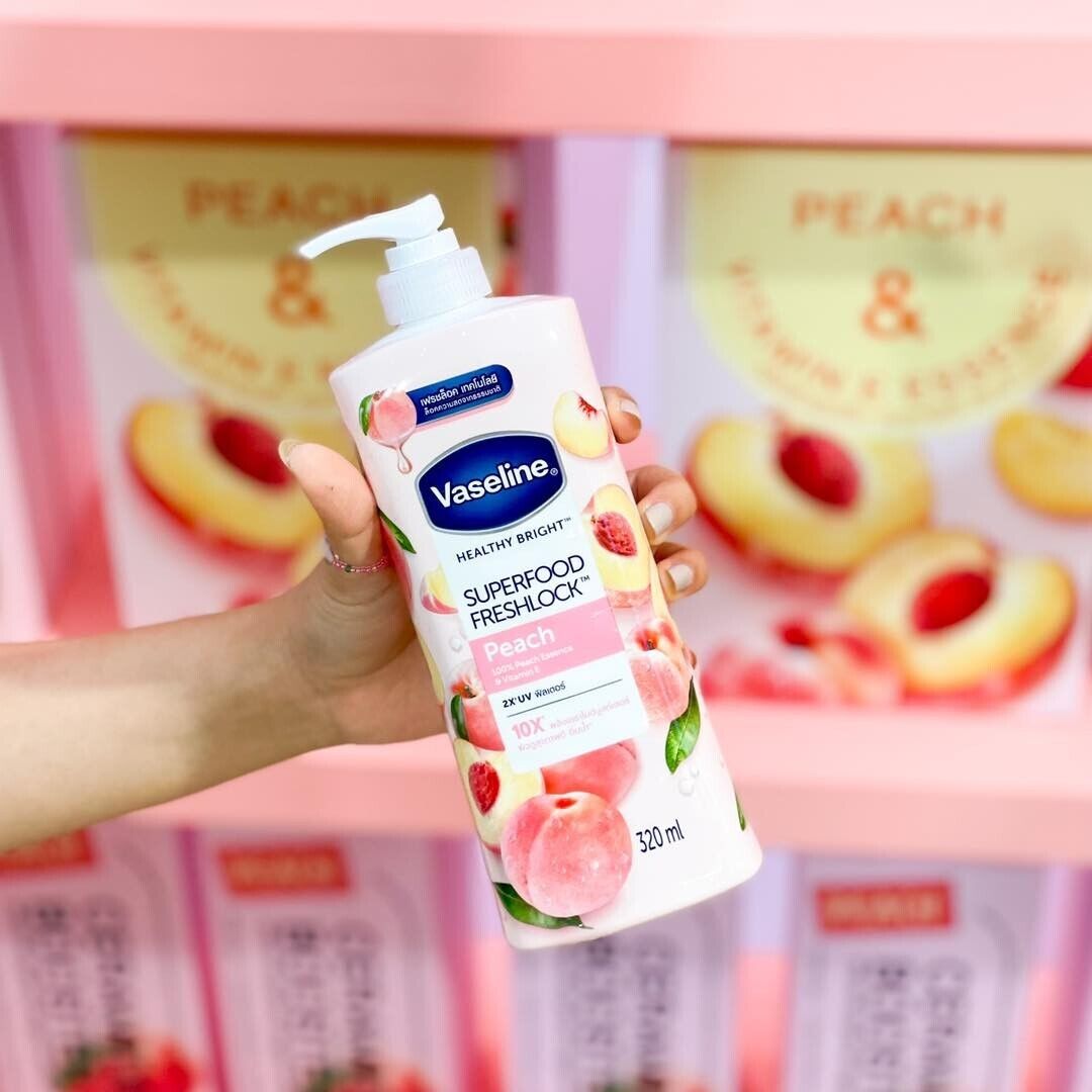Picture of 320 ml Vaseline Superfood Freshlook peach lotion International Thailand product used for male female