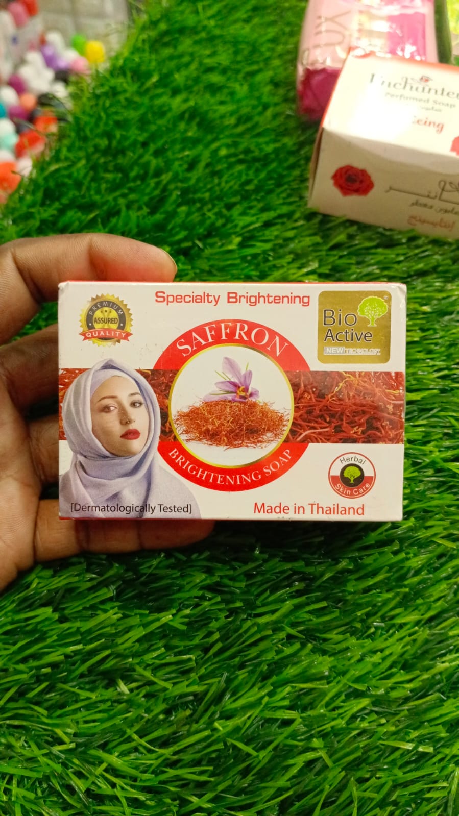 Picture of 90 gm Bio active Brightening Saffron soap International Thailand product used for male female