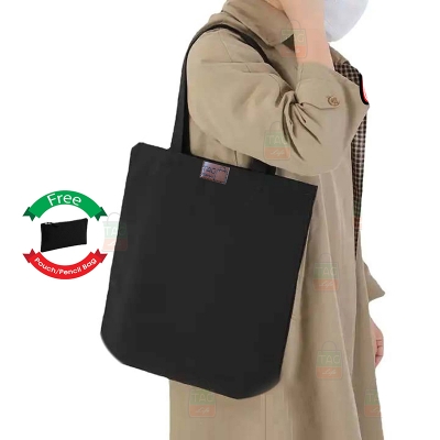 Picture of TAG Lifestyle Canvas Tote Bag/Fashionable Top Handle Bag Black Color with Free Pencil Bag with Zipper for girls For University/College/Trendy Fashionable Women (2in1 Combo Pack)