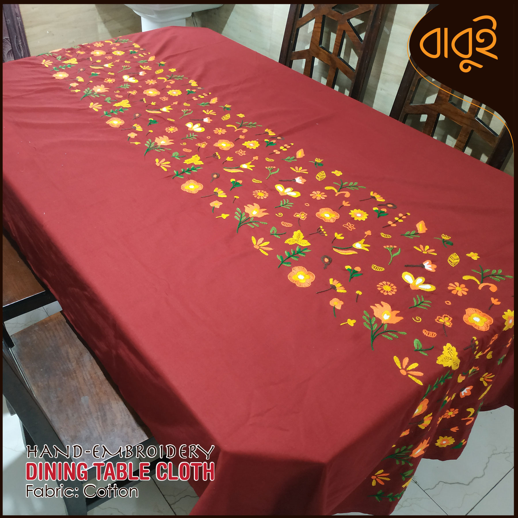 Picture of Dining table cloth with hand-embroidery floral motif art