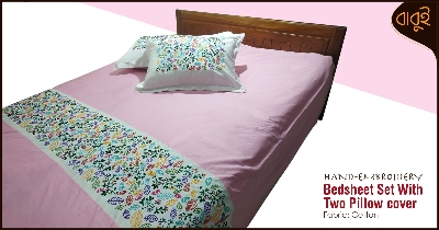 Picture of Hand-embroidery floral motif art Cotton Fabric 7.5 Feet by 8.5 Feet Double King Size Bedsheet Set with Two Pillow Covers Bed Sheet