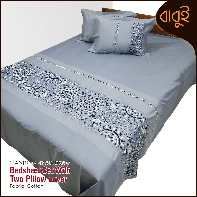 Picture of Hand-embroidery modern decorative art Cotton Fabric 7.5 Feet by 8.5 Feet Double King Size Bedsheet Set with Two Pillow Covers Bed Sheet