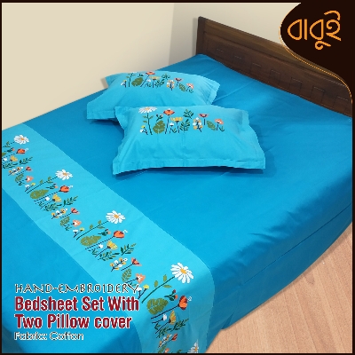 Picture of Hand-embroidery floral motif art Cotton Fabric 7.5 Feet by 8.5 Feet Double King Size Bedsheet Set with Two Pillow Covers Bed Sheet