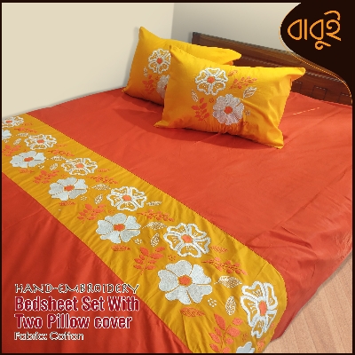 Picture of Hand-embroidery modern decorative art Cotton Fabric 7.5 Feet by 8.5 Feet Double King Size Bedsheet Set with Two Pillow Covers Bed Sheet