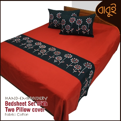 Picture of Hand-embroidery floral motif art Cotton Fabric 7.5 Feet by 8.5 Feet Double King Size Bedsheet Set with Two Pillow Covers Bed Sheet
