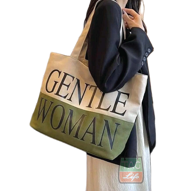Picture of TAG Lifestyle Canvas Tote Bag GENTLE WOMAN Design Top Handle Olive Green Color Tote Bag for girls For University/College/Trendy Fashionable Women