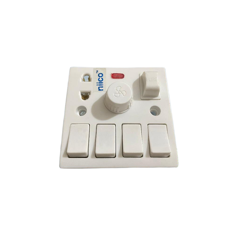 Picture of NIICO 4 Gang switch + Fan  Regulator+ 2 Pin socket + Fuse Multifunction Socket   Wall Switch Model-055