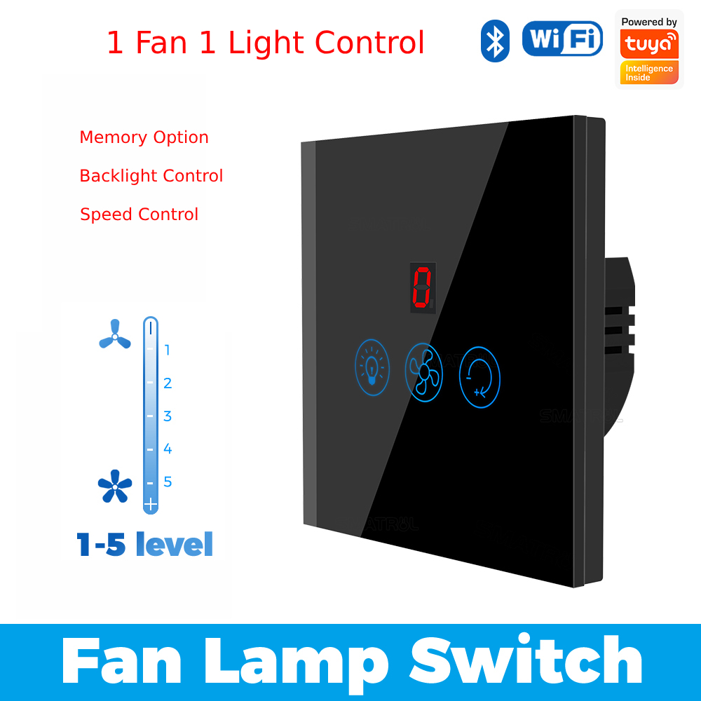 Picture of Wifi Smart Fan Light Switch with Speed Control Glass Panel Can Control Remotely Work for Tuya Alexa Google Home Smart Life