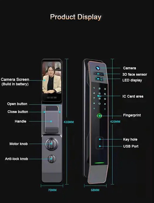 Picture of 3D Face Recognition Smart Fingerprint Password Smart Door Lock with Video Call and intercom Feature