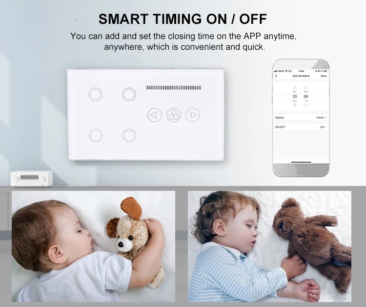 Picture of WiFi 4-Gang Smart Touch Screen Glass Panel Wall Switch with Fan Speed Control Black