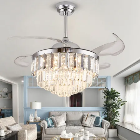 Picture of Remote Control Retractable Blades Crystal Ceiling Fan Chandelier