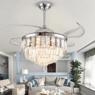 Picture of Remote Control Retractable Blades Crystal Ceiling Fan Chandelier