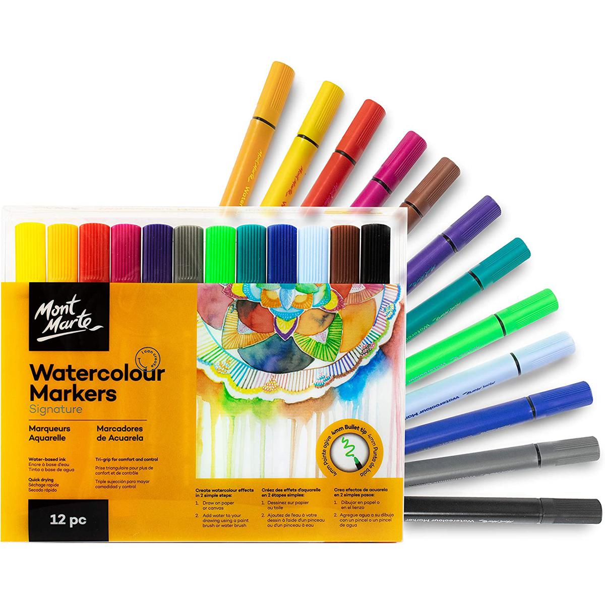 Picture of Mont Marte Watercolour Marker Set – 12 Markers with 4mm tip – Water Mixable Paint – Ideal for Painting, Drawing, Handlettering, Calligraphy