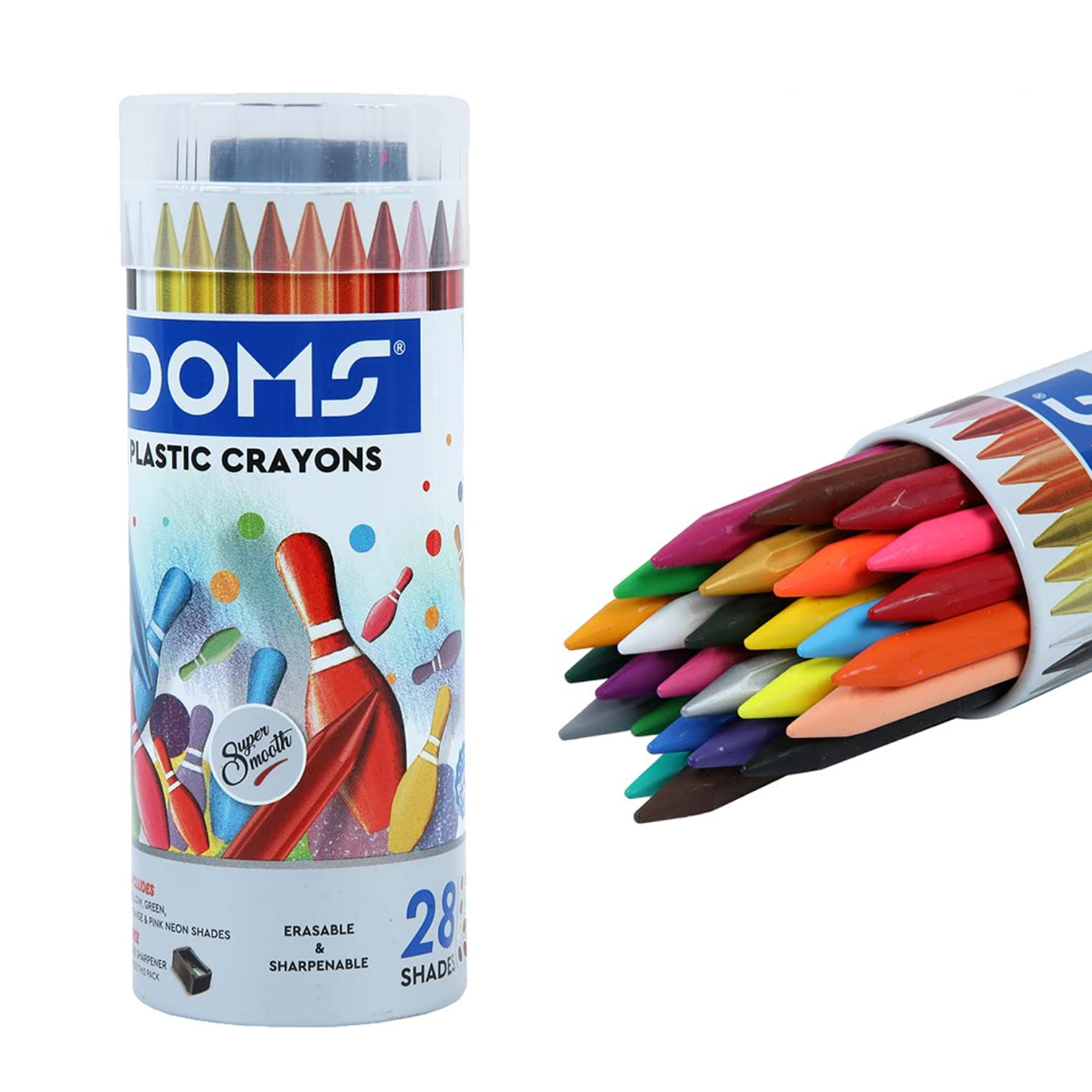 Picture of Doms 28 Shades Erasable Plastic Crayons Round Tin Box | Smooth & Even Shading | Bright & Playful Colors | Free Eraser Inside | Non-Toxic & Safe For Childrens | Pack of 1