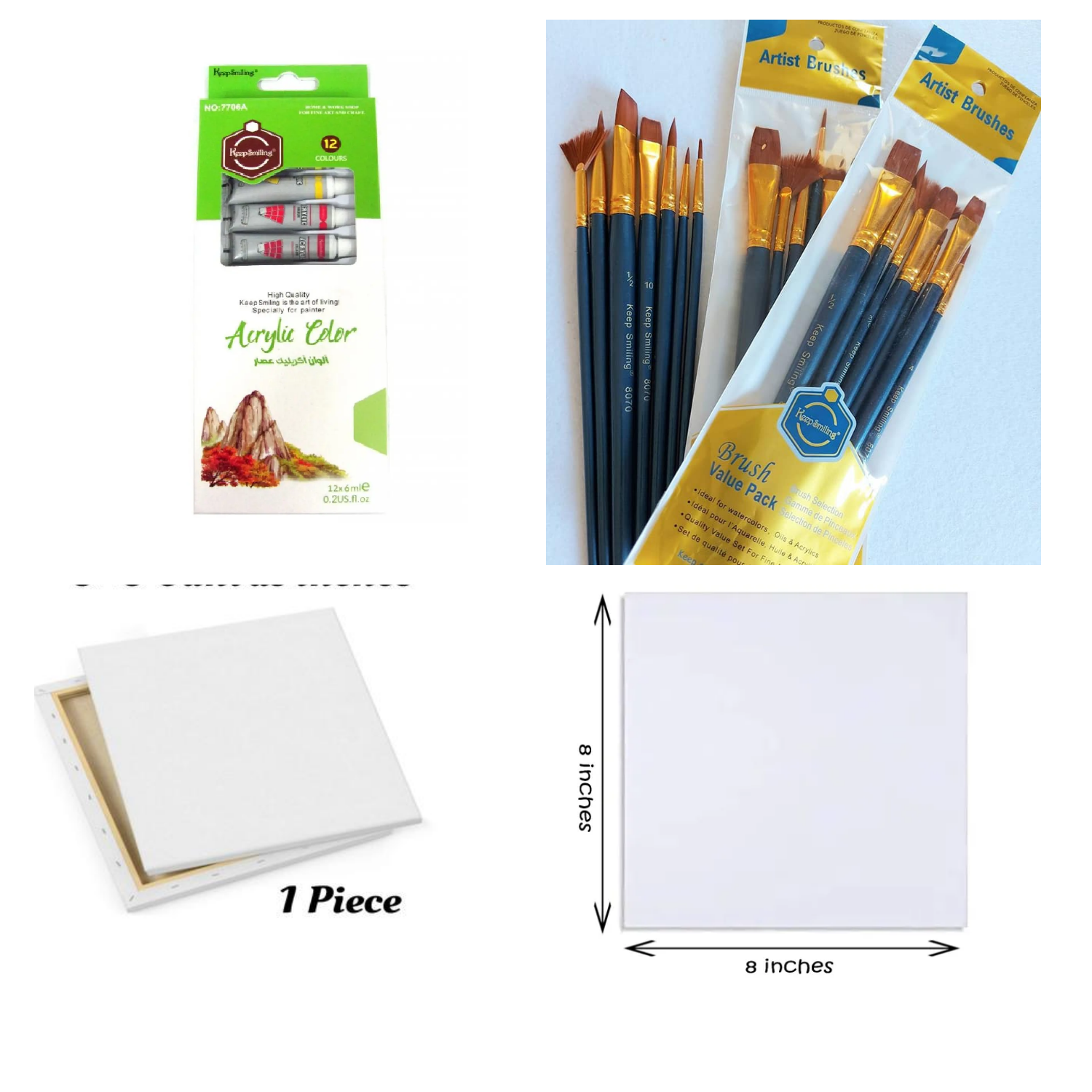 Picture of Combo Package,keep smiling acrylic 6ml 12colors,(6/6),(8/8) 2pcs canvas and 7pcs Brush set for painting