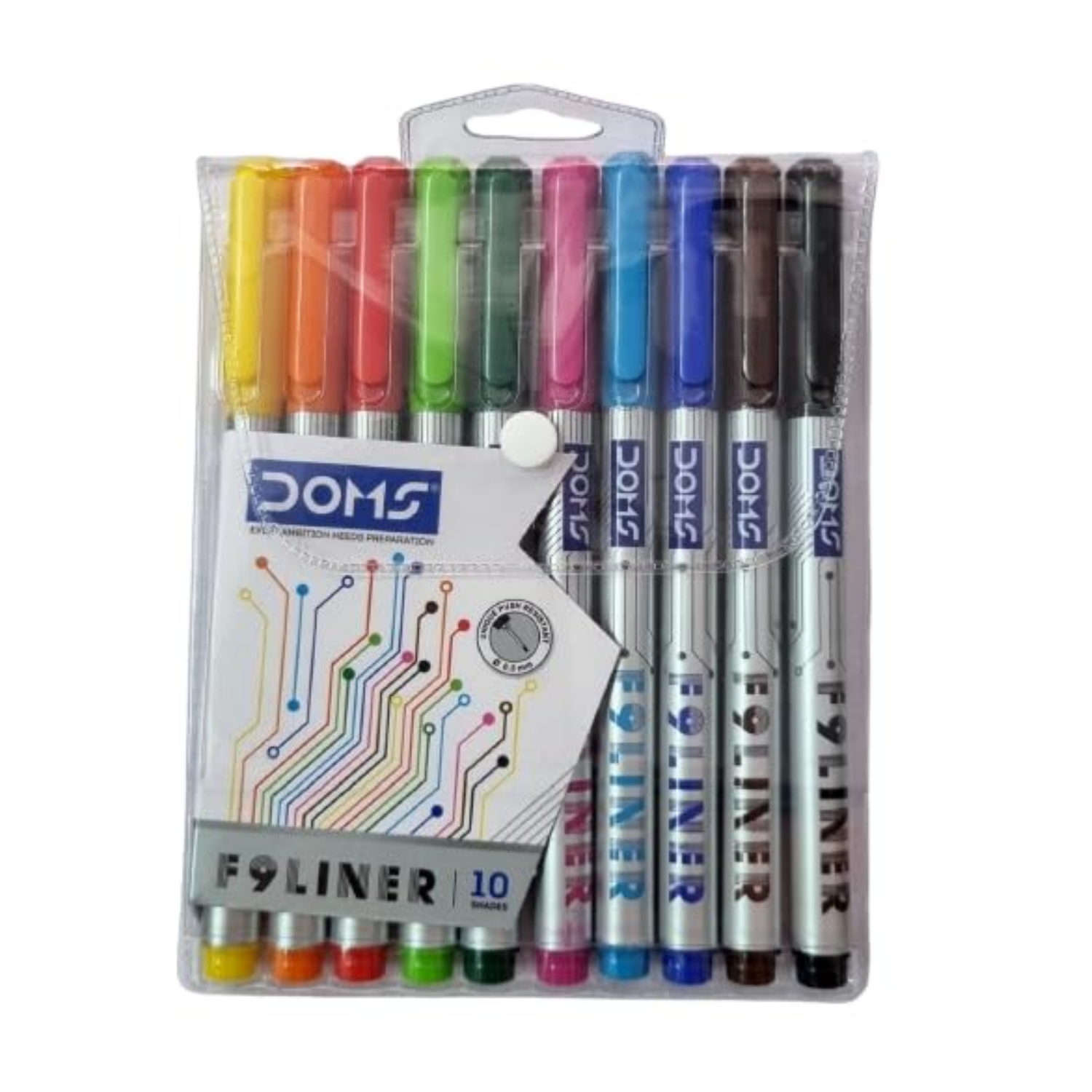 Picture of Doms F9 Liner Set of 10 Assorted Shades| 0.5 mm Unique Push Resistant Metal Tip| Water Based Ink| Ideal For Writing, Drawing & Sketching