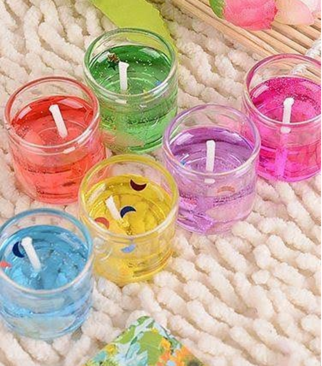Picture of Small Multicolour Decorated Mini Cute Little Glass Jelly Gel Candles for Home Décor Diwali Decoration, Spa, Birthdays, Party, Festivals