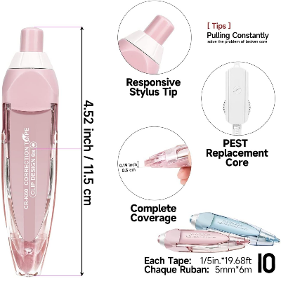 Picture of Quick Dry Refillable Retractable White Out Correction Tape, Mini Small Japanese Aesthetic Cute White Out Tape, Refill Pen Applicator, for Kawaii School Office Students Kids Supplies