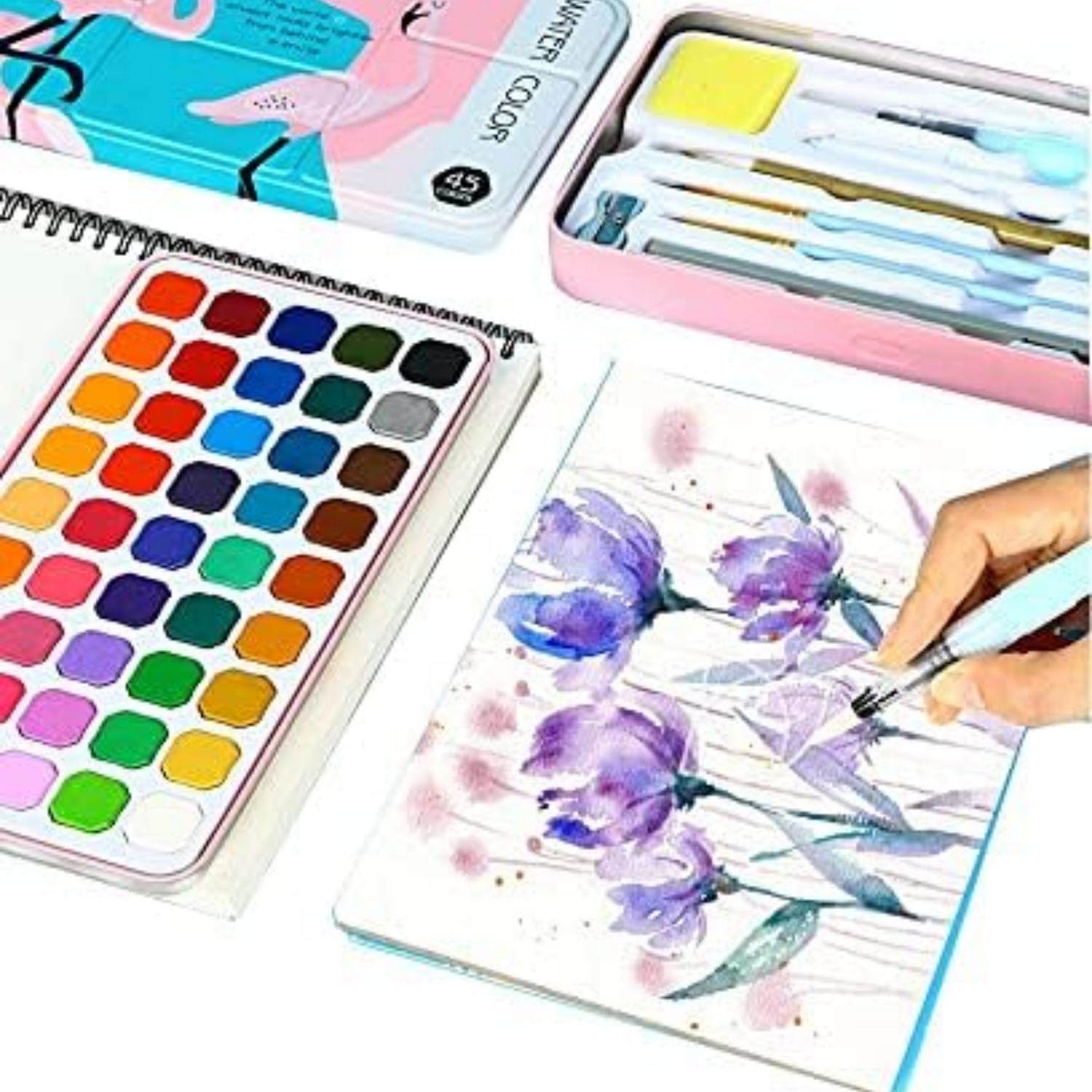 Picture of Watercolor Paint Set, 45 Colors Solid Pigment,  Vivid Colors, Easy to Blend, Light Weight, Perfect Travel Watercolor Set for Artists