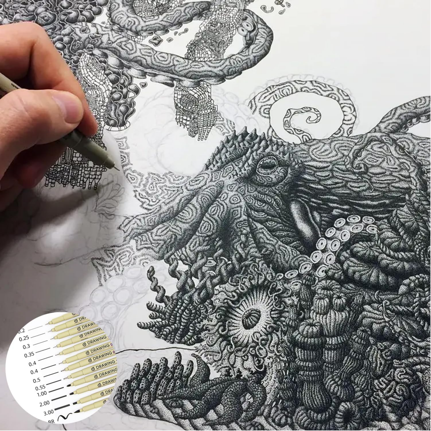 Picture of Micron Pens, Fineliner Pens, Drawing Pens: 12 Black Pens Waterproof Ink Set Art Supplies Archival Inking Markers Pigment Liner Point Journaling Sketch Outline Manga Anime Sketching Watercolor Technical (12 Pcs)