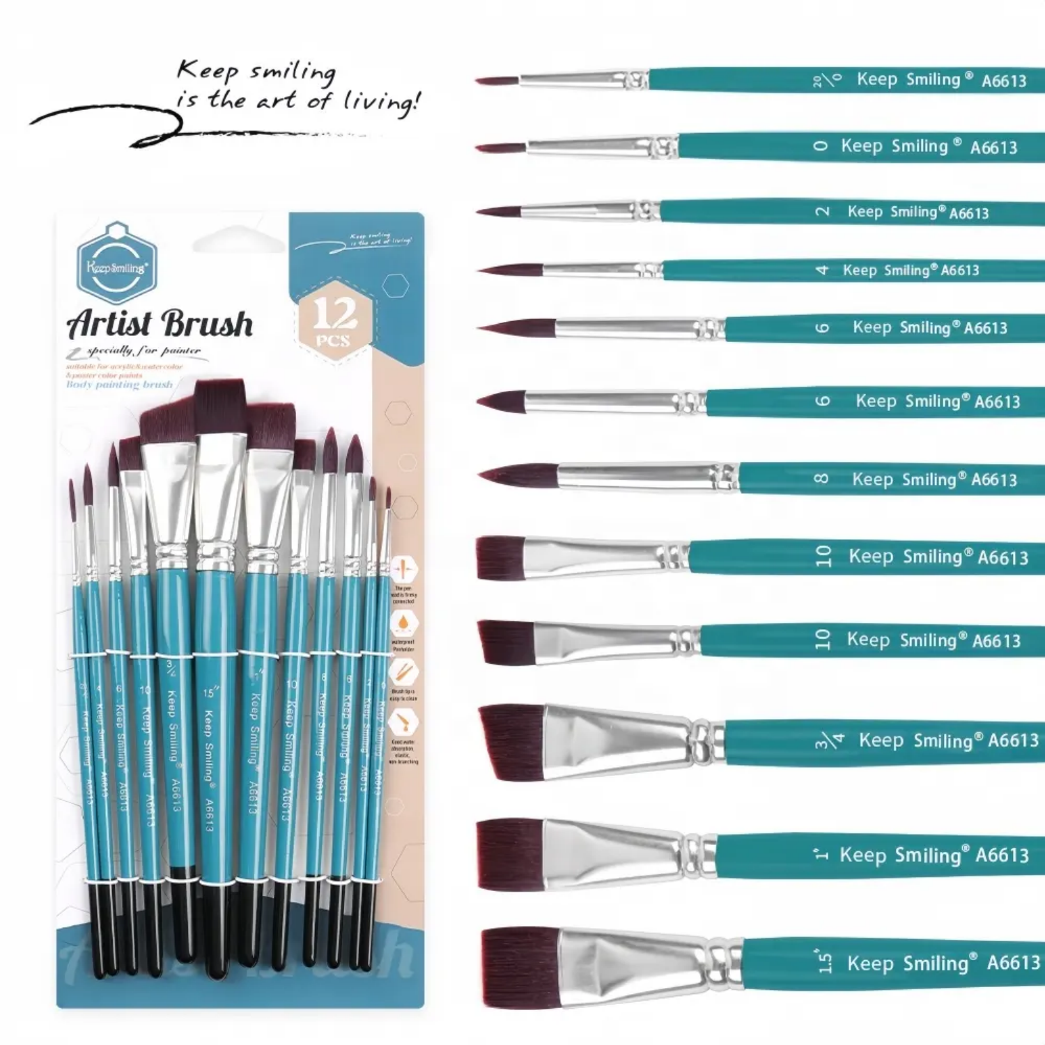 Picture of Keep Smiling 12pcs Paint Brush Set Nylon Hair Artist Paint Brushes Wooden Handle Paintbrush