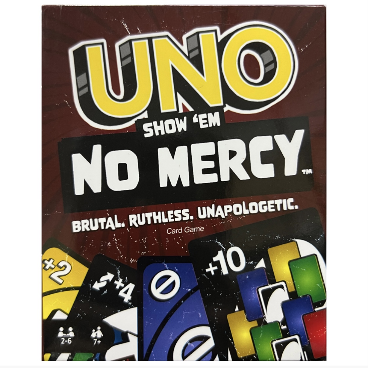 Picture of Mattel Games UNO Show ‘em No Mercy Card Game in Storage & Travel Tin for Kids, Adults & Family Night with Extra Cards, Special Rules & Tougher Penalties