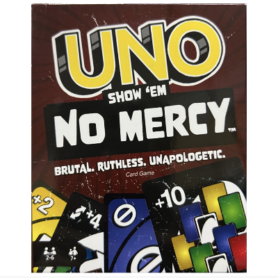 Picture of Mattel Games UNO Show ‘em No Mercy Card Game in Storage & Travel Tin for Kids, Adults & Family Night with Extra Cards, Special Rules & Tougher Penalties