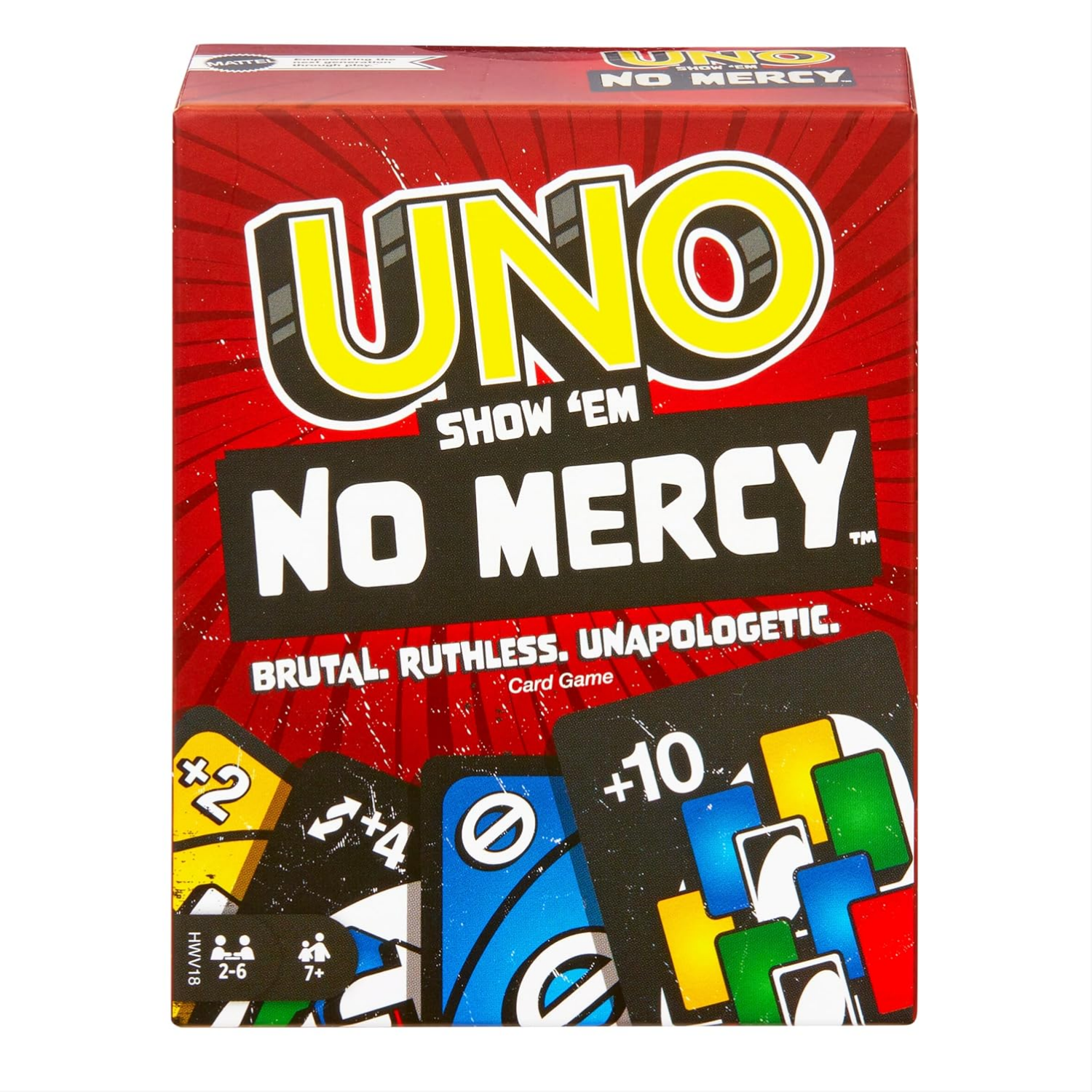 Picture of Mattel Games UNO Show ‘em No Mercy Card Game in Storage & Travel Tin for Kids, Adults & Family Night with Extra Cards, Special Rules & Tougher Penalties