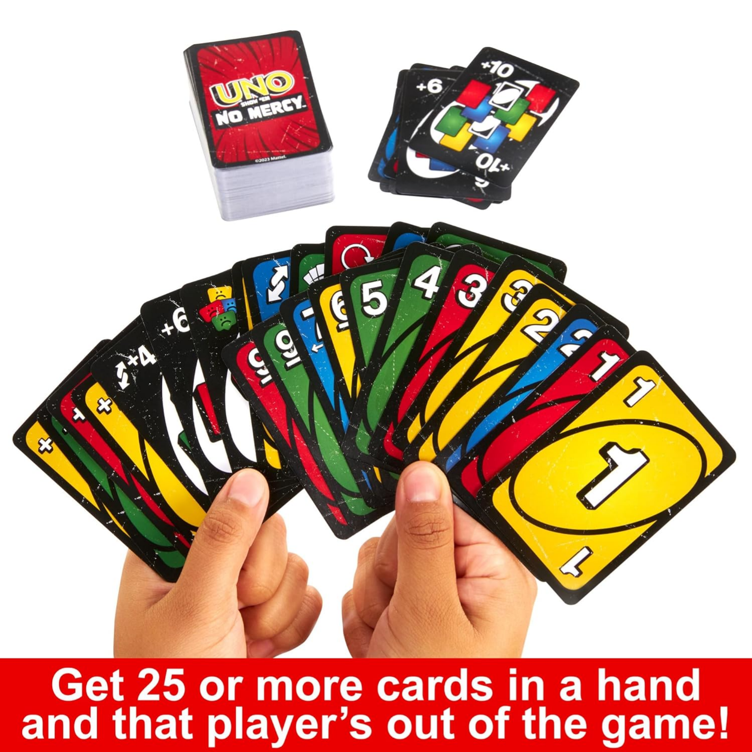 Picture of Mattel Games UNO Show ‘em No Mercy Card Game in Storage & Travel Tin for Kids, Adults & Family Night with Extra Cards, Special Rules & Tougher Penalties
